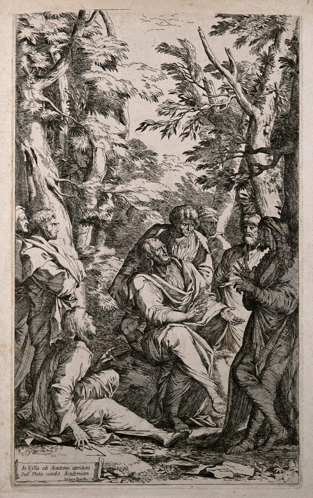 V0006666 Plato teaching at his Academy: a gathering of students, amon
Credit: Wellcome Library, London. Wellcome Images
images@wellcome.ac.uk
http://wellcomeimages.org
Plato teaching at his Academy: a gathering of students, among them possibly Aristotle, in a leafy setting. Engraving after S. Rosa.
1540 By: Salvator RosaPublished:  - 

Copyrighted work available under Creative Commons Attribution only licence CC BY 4.0 http://creativecommons.org/licenses/by/4.0/