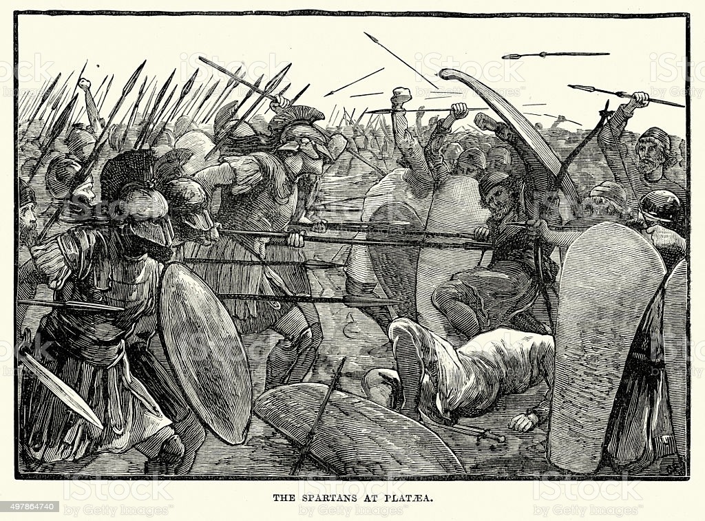 Vintage engraving of Spartans warriors at the Battle of Plataea. The Battle of Plataea was the final land battle during the second Persian invasion of Greece. It took place in 479 BC near the city of Plataea in Boeotia, and was fought between an alliance of the Greek city-states, including Sparta, Athens, Corinth and Megara, and the Persian Empire of Xerxes I.
